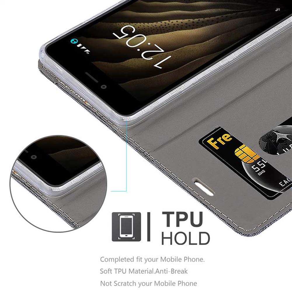 Custodia a libro grigia per telefono con porta carte.