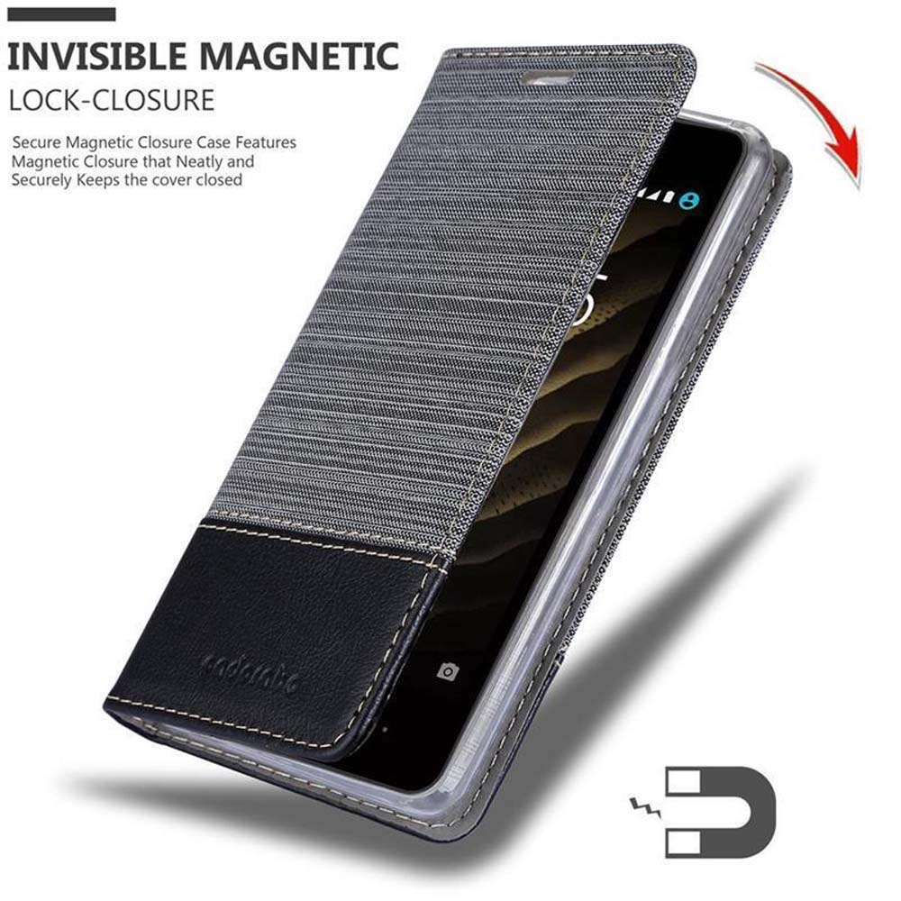 Custodia per telefono grigia e nera con chiusura magnetica, mostrata aperta.