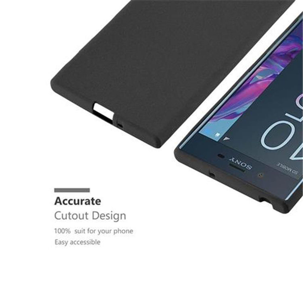 Custodia nera per telefono con ritagli precisi accanto a uno smartphone Sony.