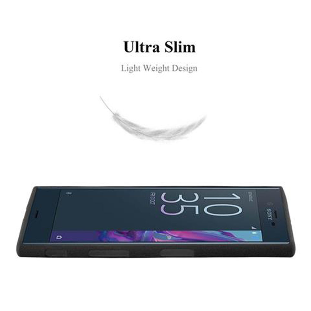 Uno smartphone ultrasottile giace su una superficie bianca, con grafica a piuma.