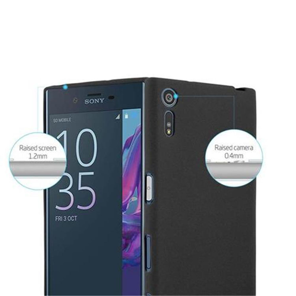 Smartphone Sony nero con primi piani che mostrano fotocamera e schermo rialzati.