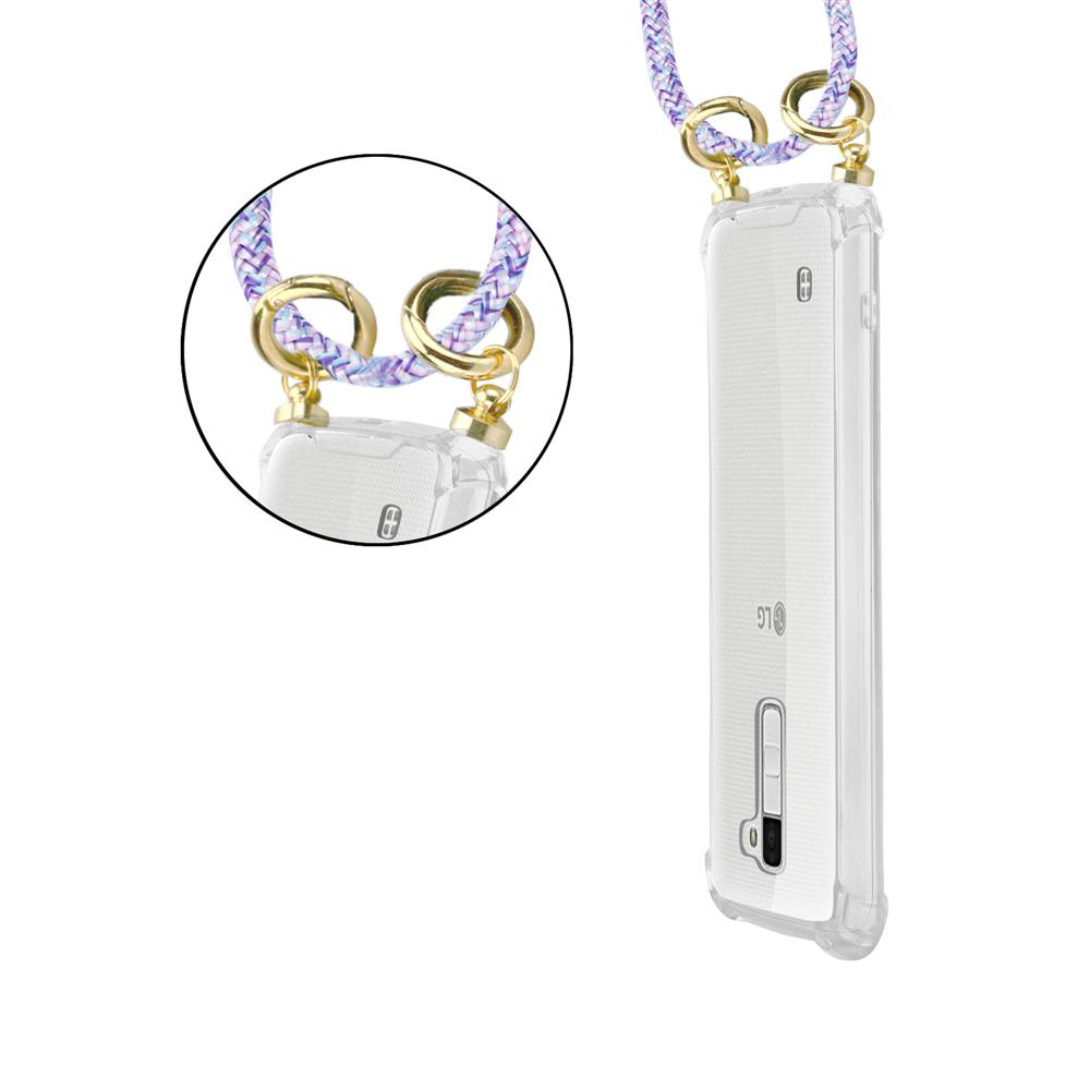 Ein durchsichtiger Handyhülle mit einem lila und weißen Band, das an goldenen Ringen befestigt ist.