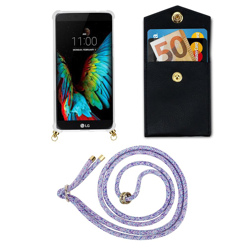 Ein schwarzes Portemonnaie mit Geldscheinen und Karten, daneben ein LG-Smartphone und eine Lanyard.