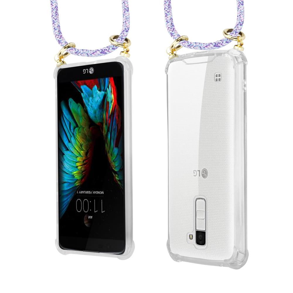 LG-Smartphone mit buntem Sperrbildschirm und transparentem Gehäuse, mit Lanyard.