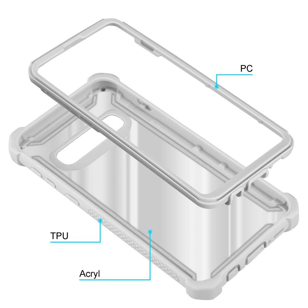 Una cover trasparente con cornice bianca, smontata nelle sue parti in PC, TPU e acrilico.