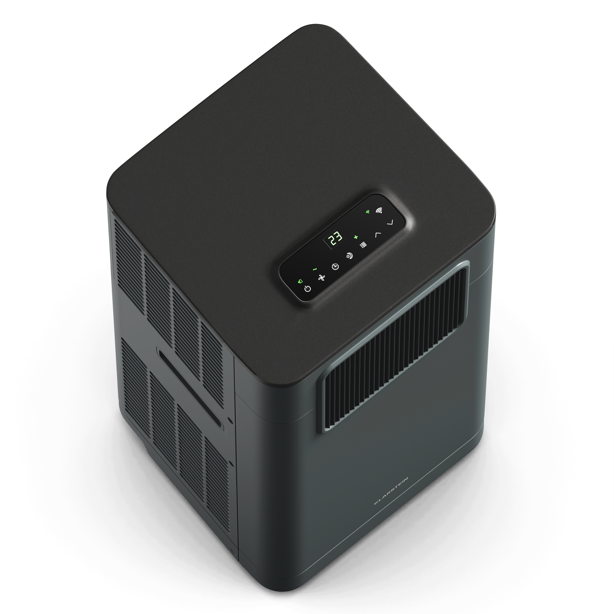 Purificador de aire cúbico negro con panel táctil y rejillas de ventilación.
