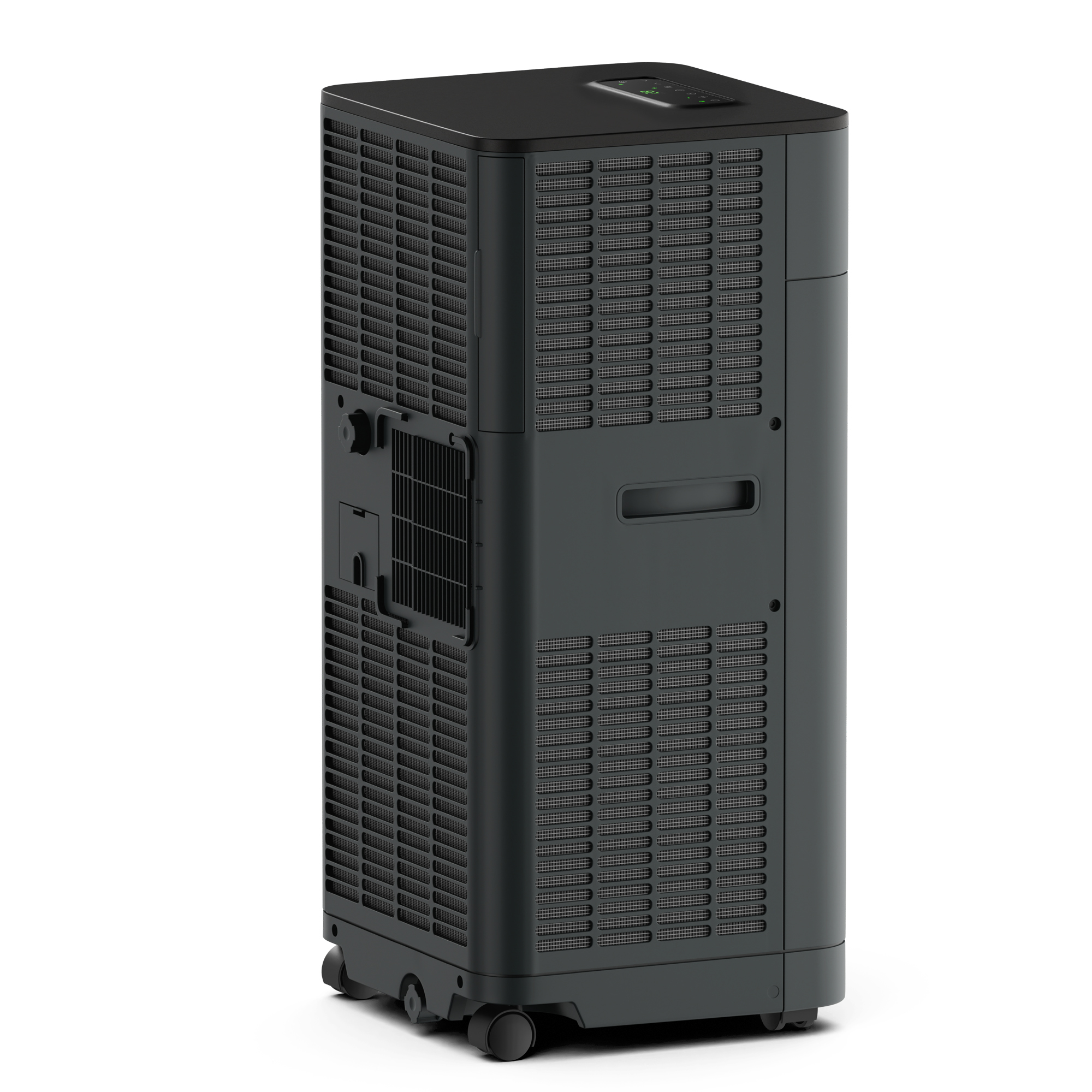 Enfriador de aire negro y rectangular sobre ruedas con rejillas y panel de control.
