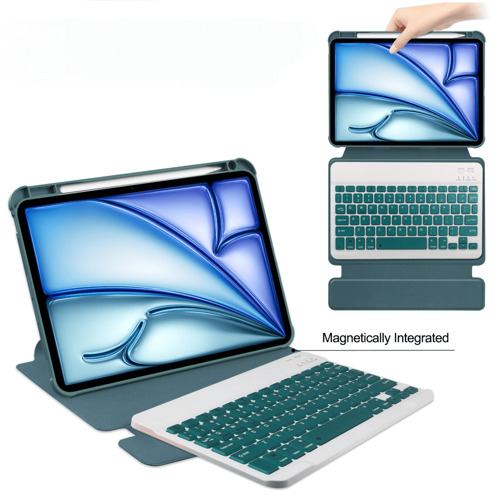 Tablet mit blauem Hintergrund und einer grünen Tastatur, die magnetisch befestigt ist.