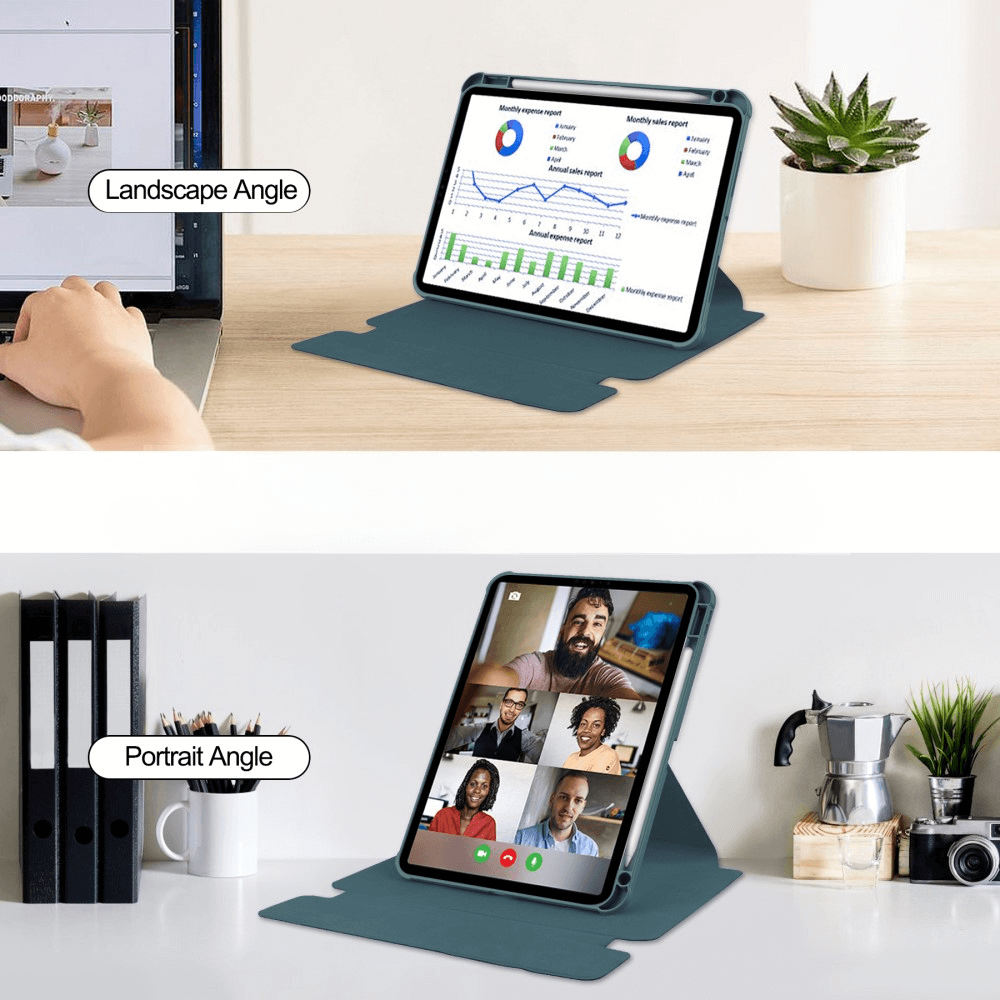 Tablet im Querformat mit Berichten, daneben ein Laptop. Unten im Hochformat mit Videokonferenz.
