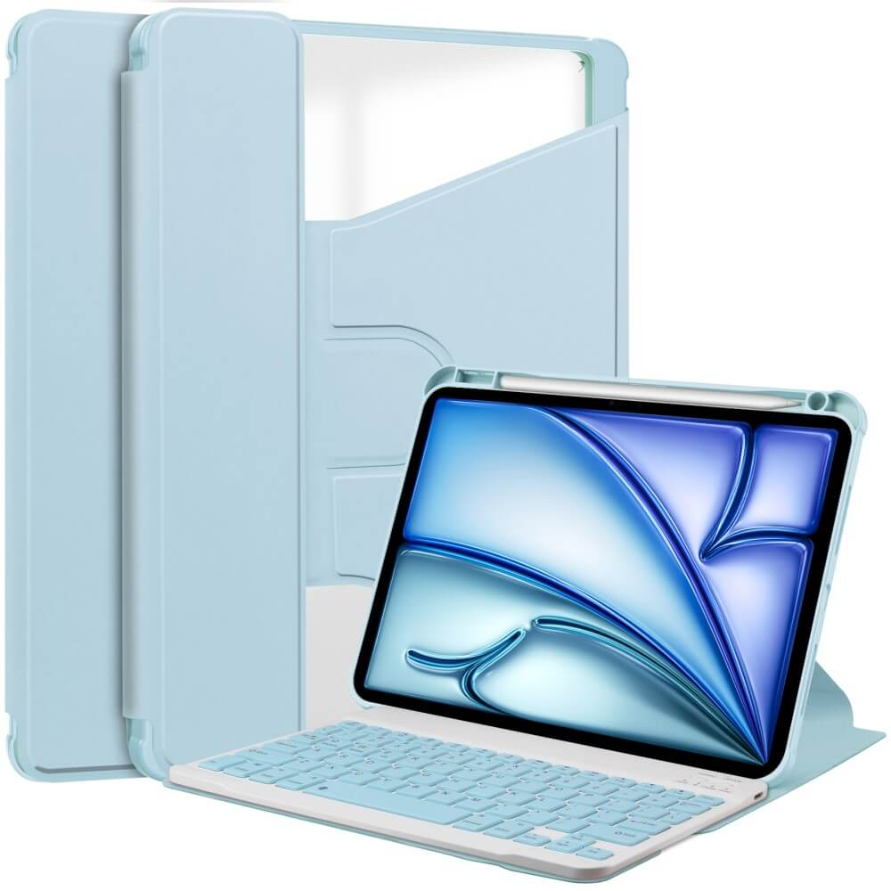 Ein hellblaues Tablet mit Tastatur und Stift in einer hellblauen Hülle.