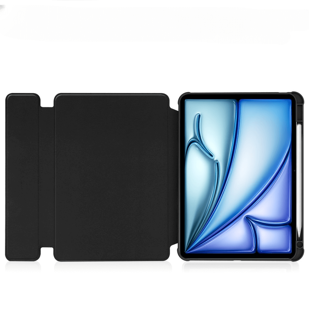 Une tablette noire avec étui ouvert et stylet. L'écran affiche un design abstrait bleu.