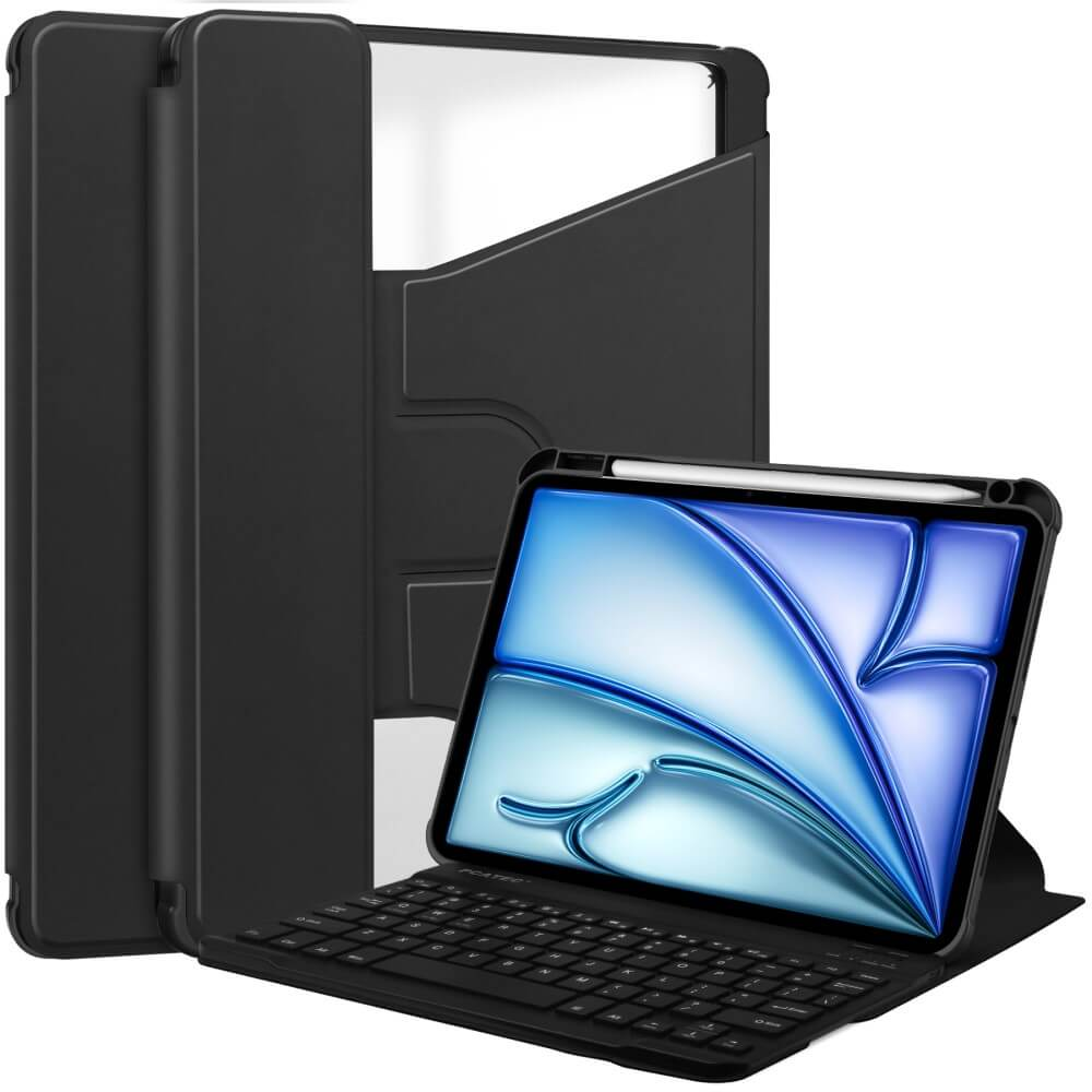 Une tablette noire avec clavier et stylet dans un étui de protection.