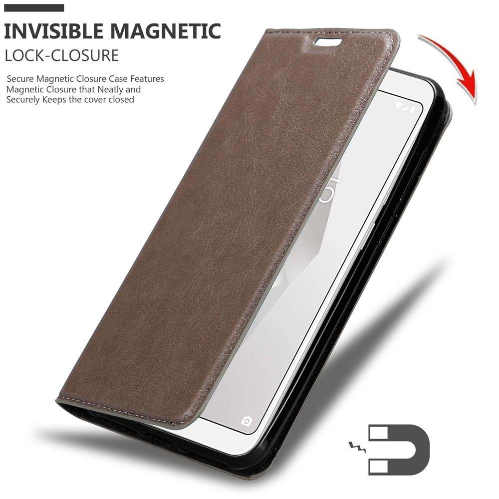 Custodia per telefono marrone con chiusura magnetica, che mostra lo schermo del telefono.