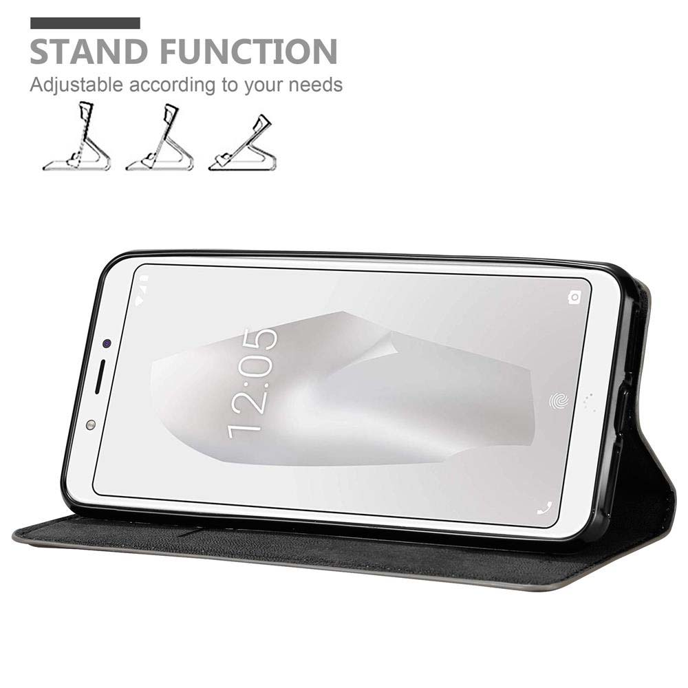 Uno smartphone in una custodia nera che funge da supporto. In alto sono mostrati tre diagrammi stilizzati.