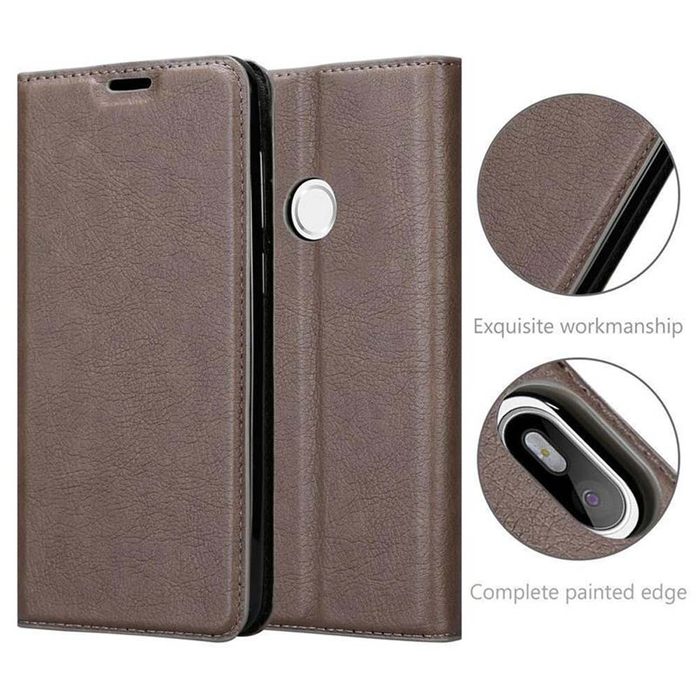 Custodia in pelle marrone per smartphone, aperta con dettagli.