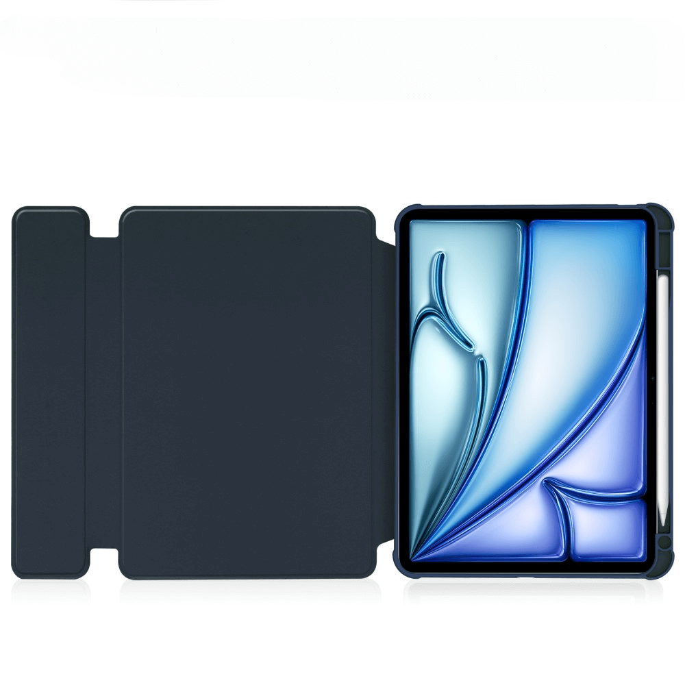 Étui bleu foncé pour tablette avec écran ouvert et stylet.