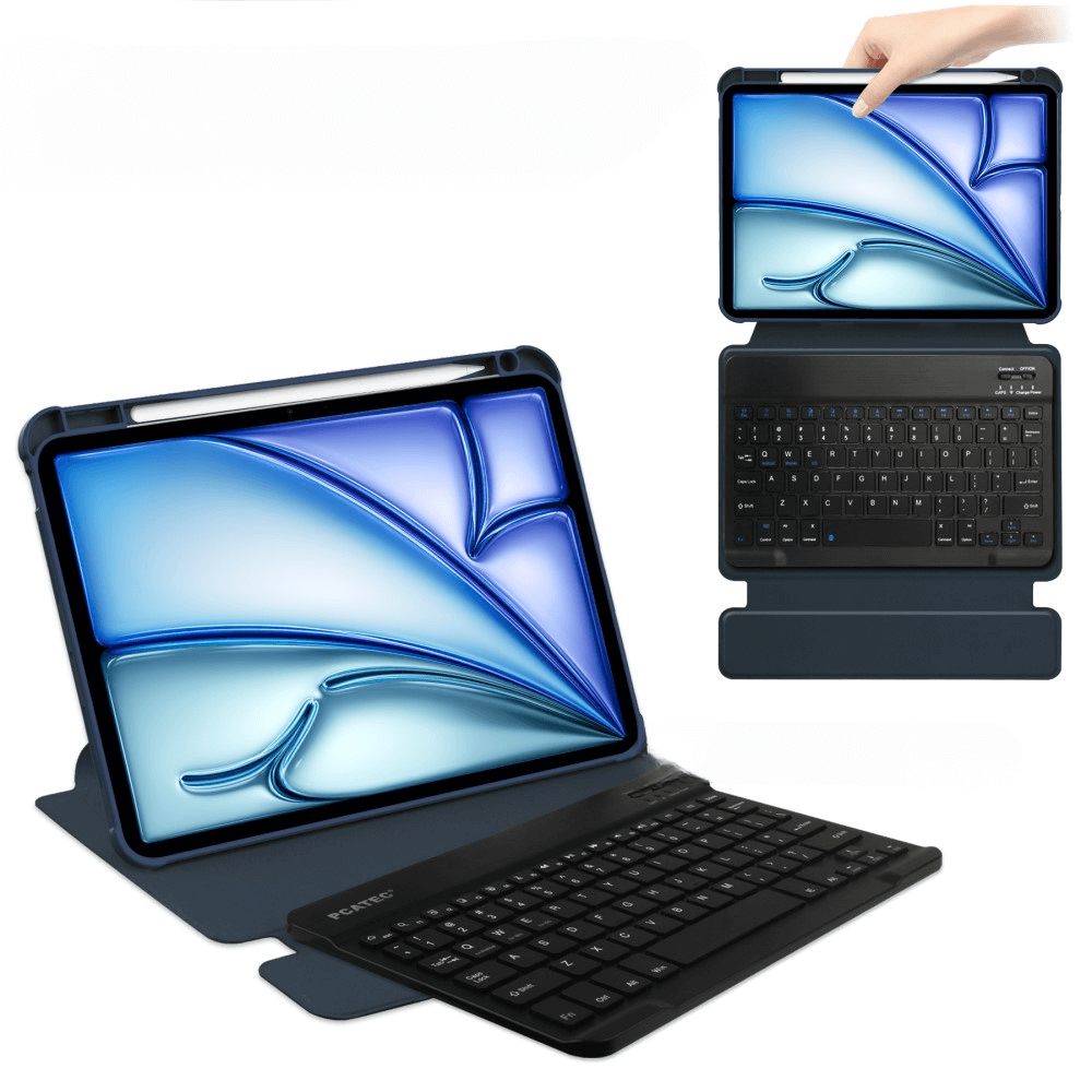 Une tablette bleue avec un stylet à côté d'un clavier.
