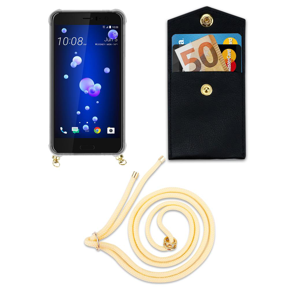 Smartphone mit Hülle, schwarze Tasche mit Geldschein und Karten, gelbes Band.