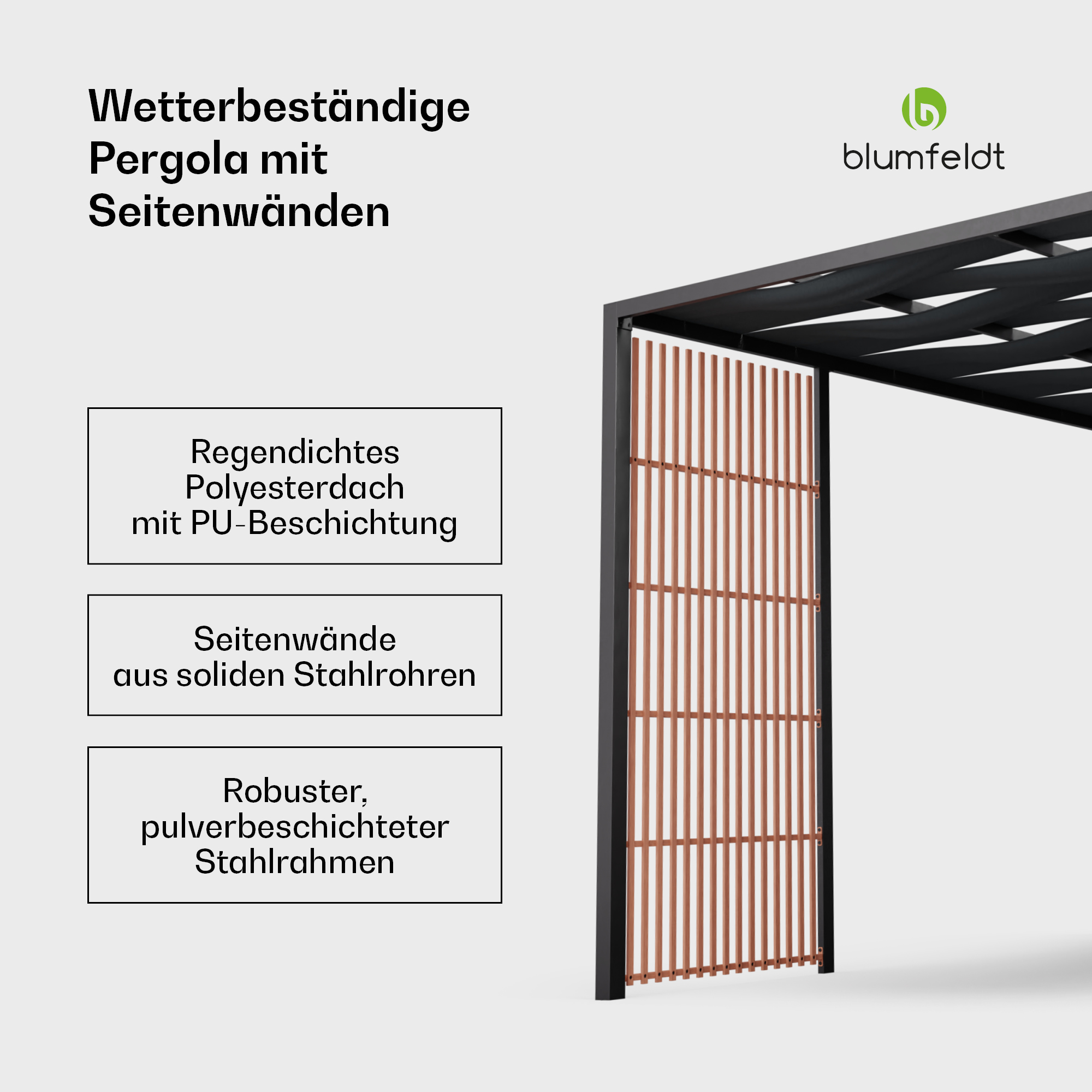Pergola resistente alle intemperie con pannelli laterali a doghe e tetto nero.