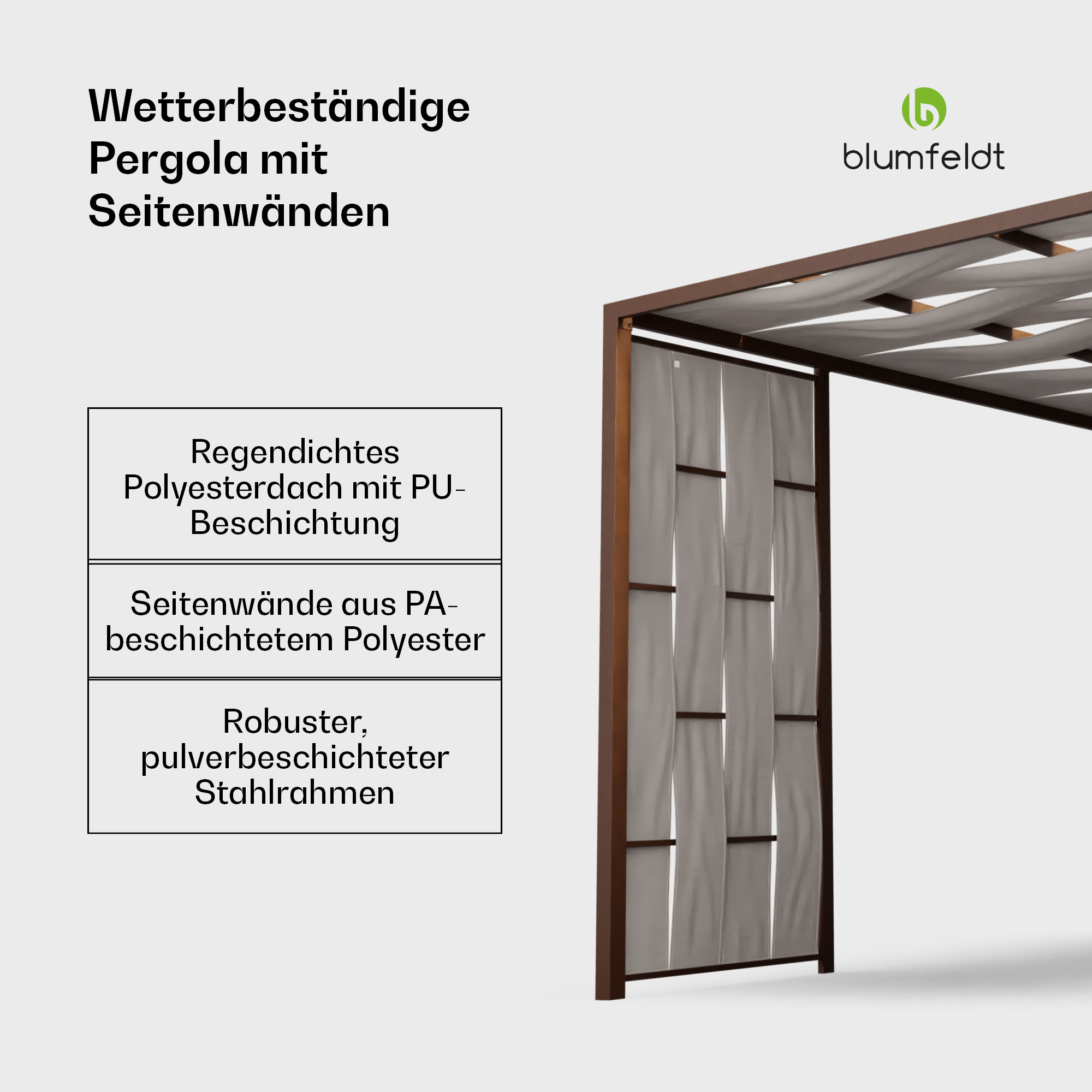 Pergola resistente alle intemperie con pareti laterali e tetto rivestito in PU.