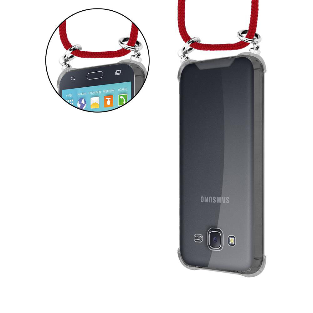 Eine transparente Handyhülle mit roter Lanyard an einem Smartphone.