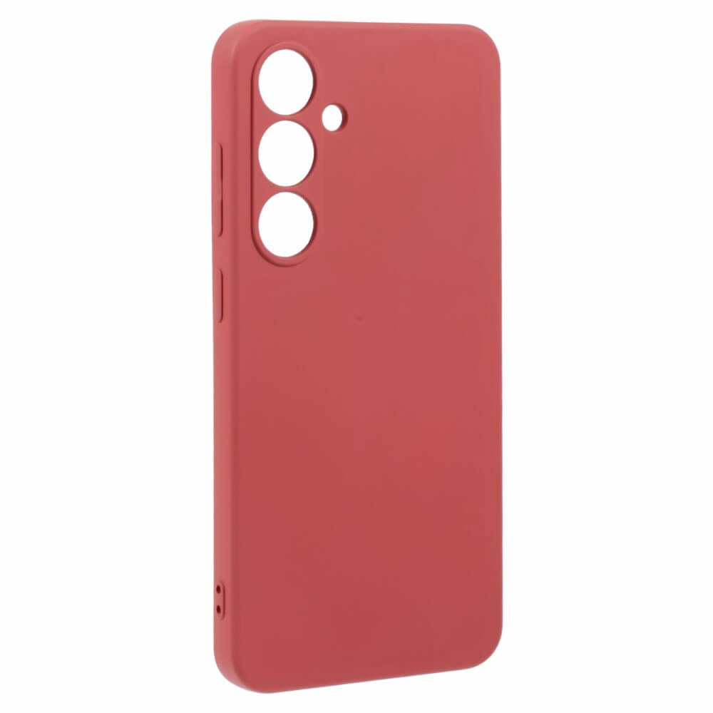 Una cover rossa per telefono con ritagli per fotocamere e pulsanti.