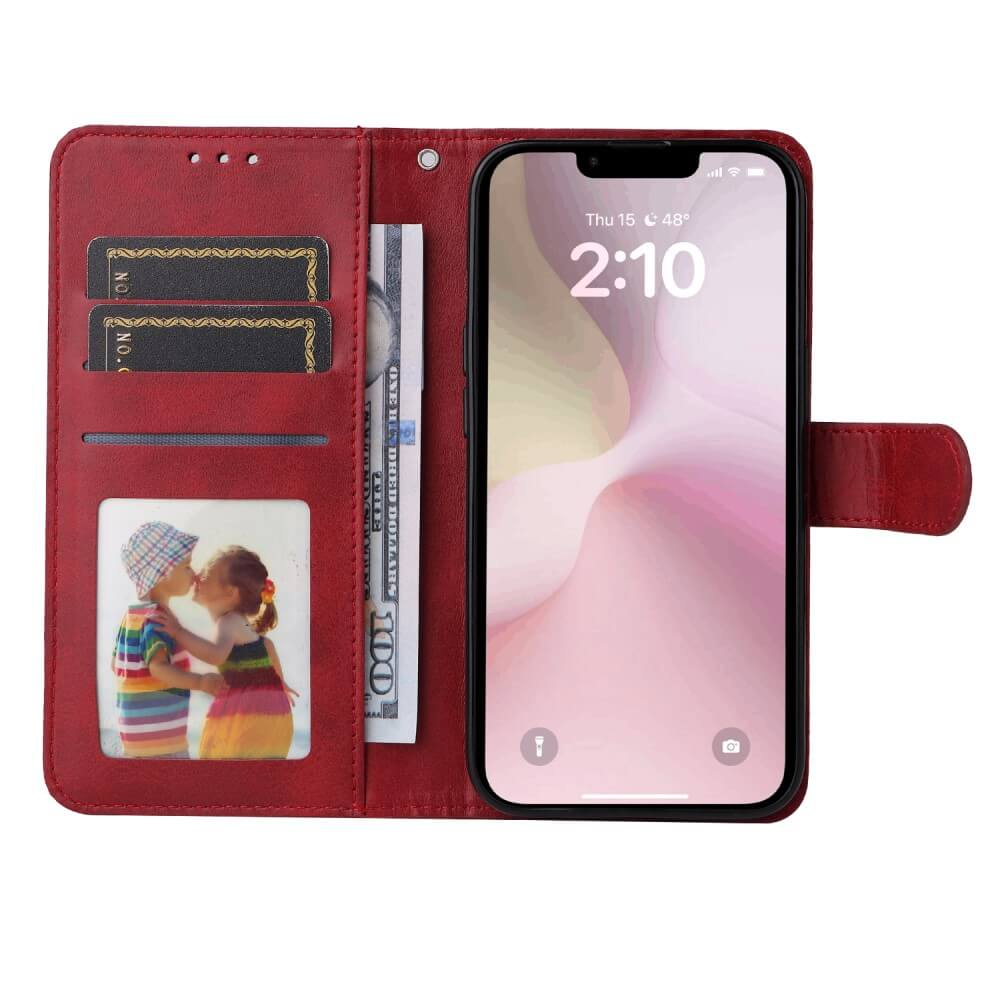 Custodia a portafoglio rossa con telefono, foto di bambini, slot per carte e banconota.