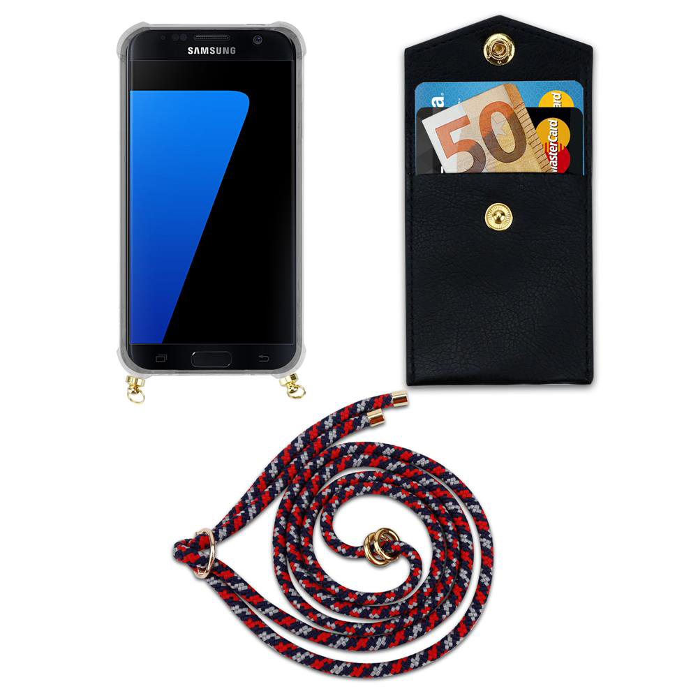 Uno smartphone in custodia, una tasca nera con banconota euro e carte, e un cordone.