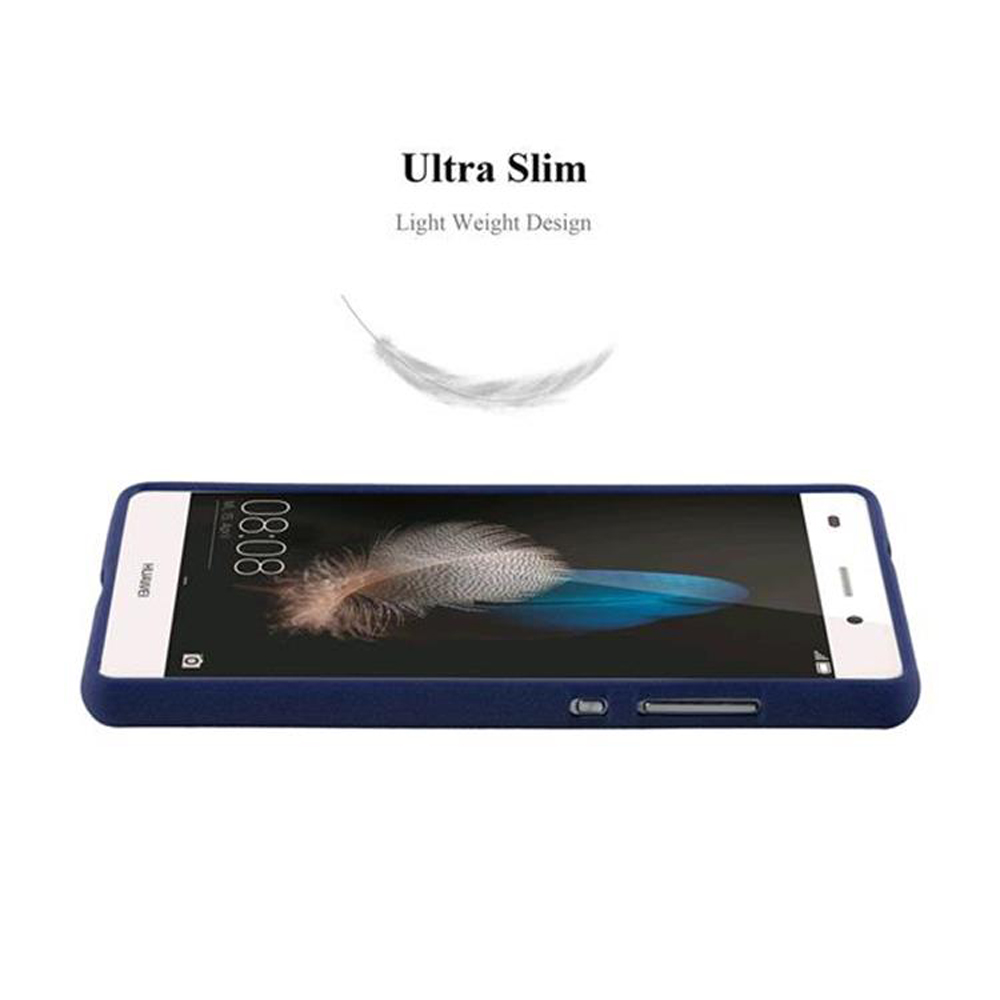 Elegante smartphone Huawei blu con sfondo di piume e testo.