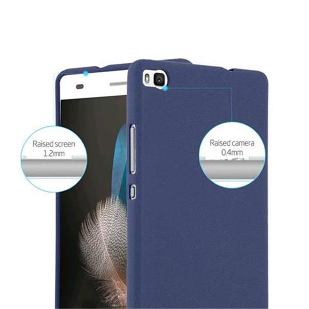 Custodia blu scuro per telefono con ritagli per fotocamera e bordi rialzati.