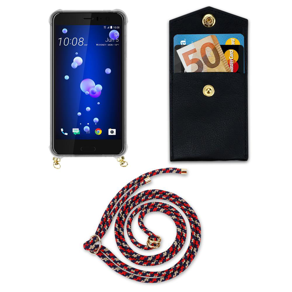 Smartphone mit schwarzer Hülle, Portemonnaie mit Geld und Karten, und Lanyard.