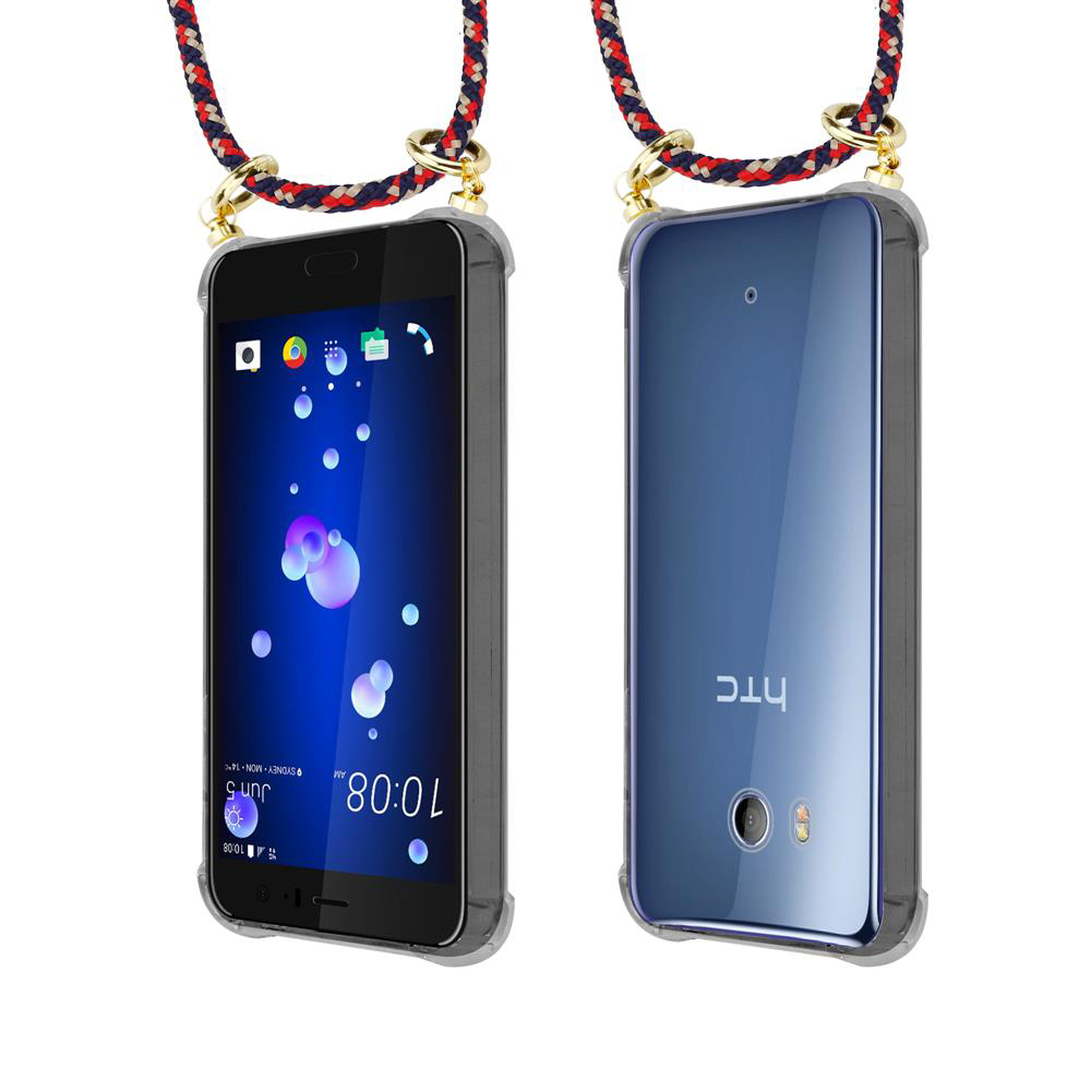 Zwei HTC-Smartphones mit Trageschlaufe. Eines zeigt den Bildschirm, das andere die Rückseite.