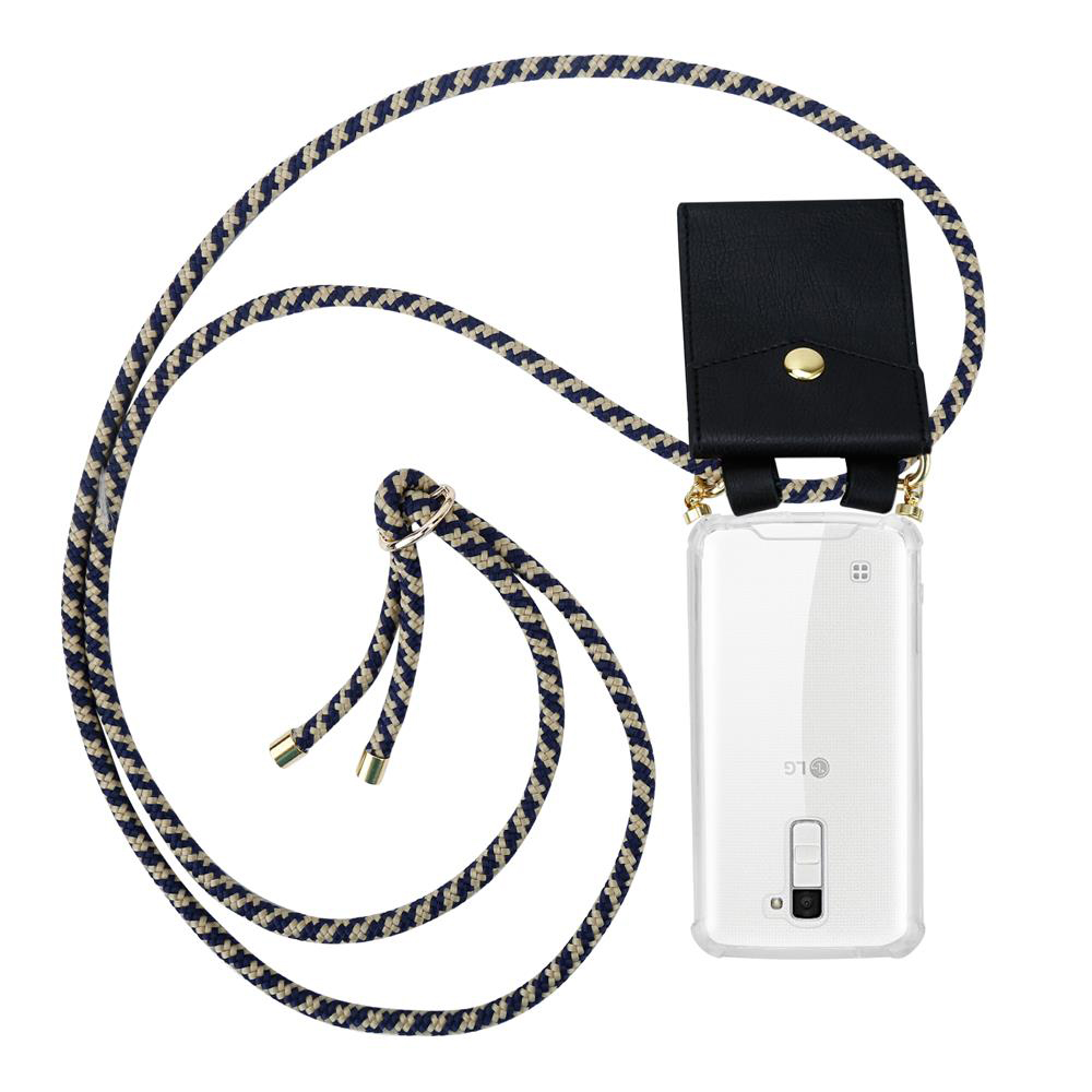 Durchsichtige Handyhülle mit schwarzer Tasche und geflochtenem Lanyard.