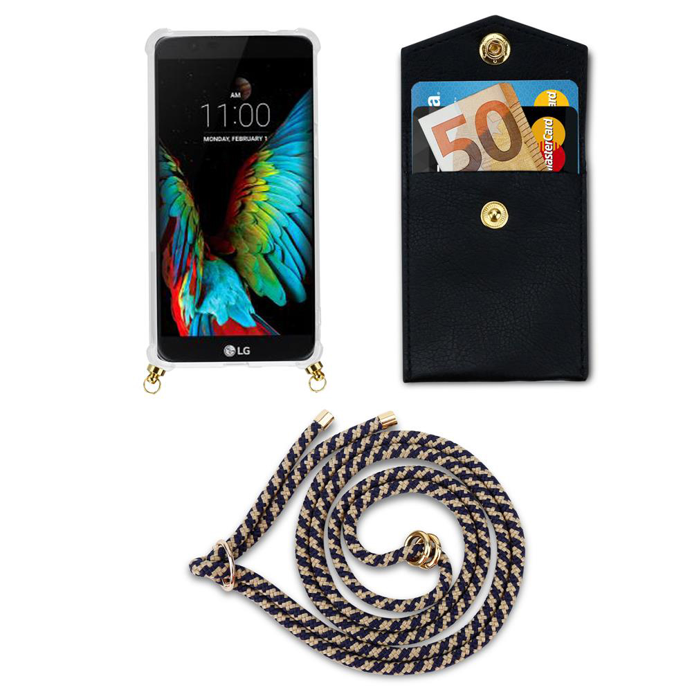 Smartphone mit buntem Hintergrund, schwarze Geldbörse mit Karten und Kordel.