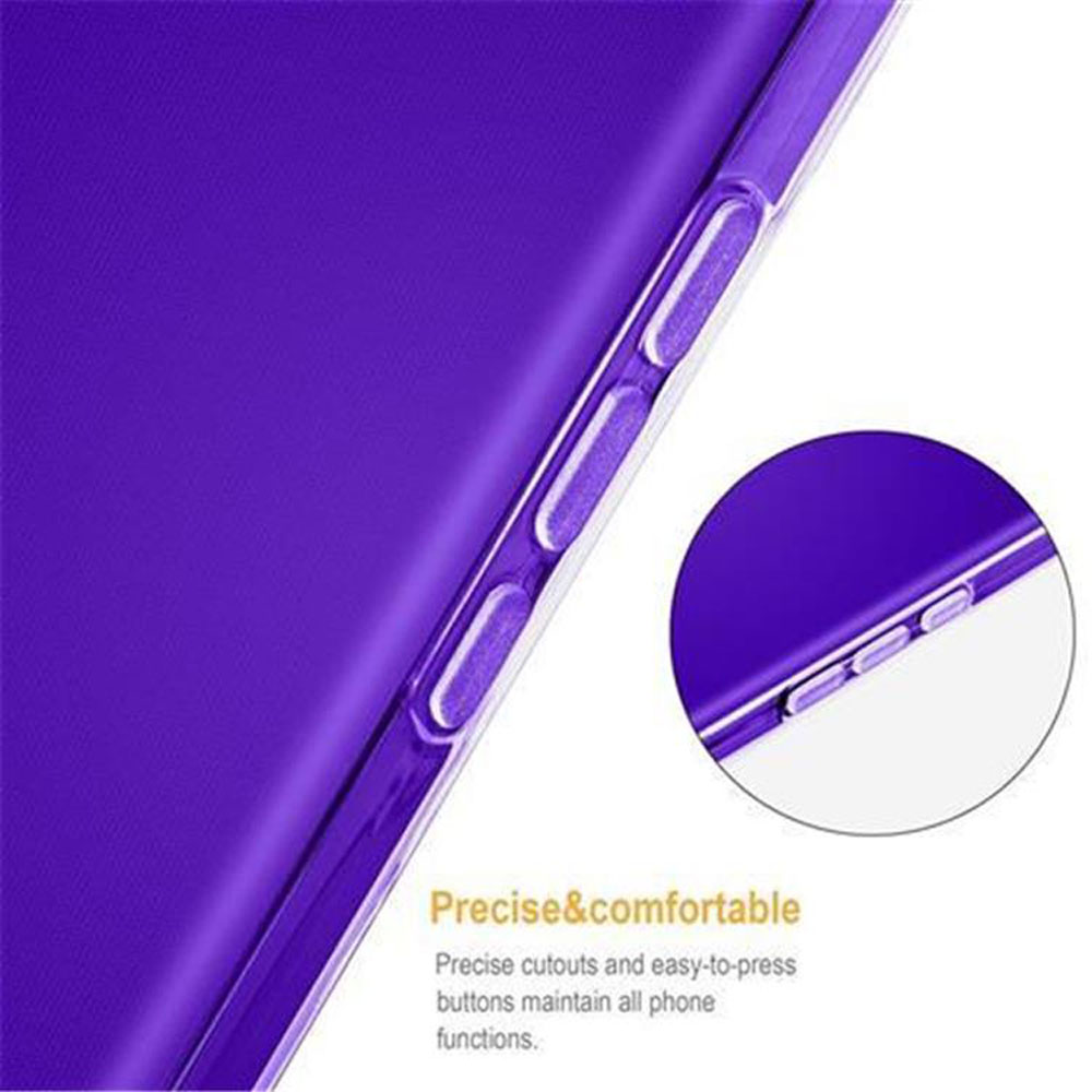 Custodia viola per telefono con pulsanti e ritagli precisi.