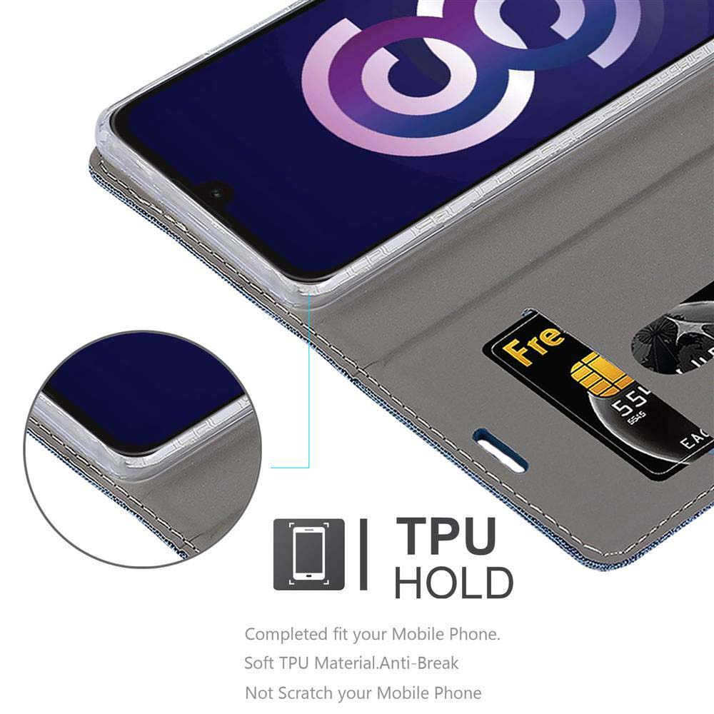 Custodia per telefono con slot per carte e schermo del telefono con logo viola.