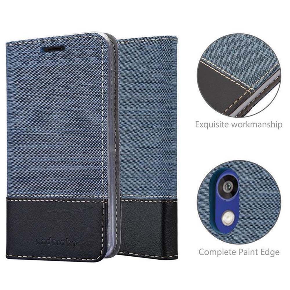 Custodia per telefono blu con fondo in pelle nera, con cuciture.