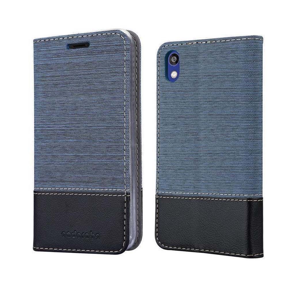 Una custodia per telefono blu con fondo in pelle nera. Una fotocamera è visibile sul retro.
