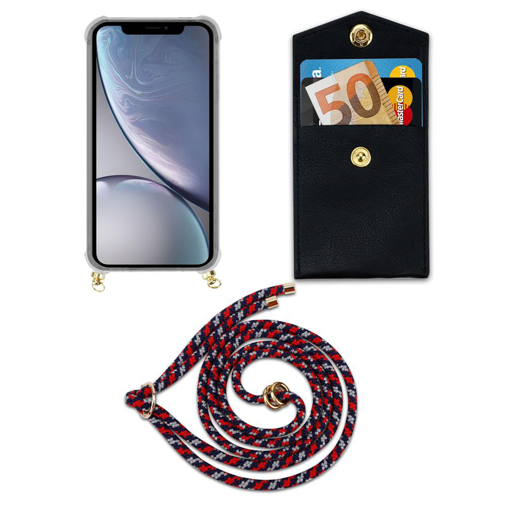 Smartphone con custodia, porta carte nero con soldi/carte e cordino.