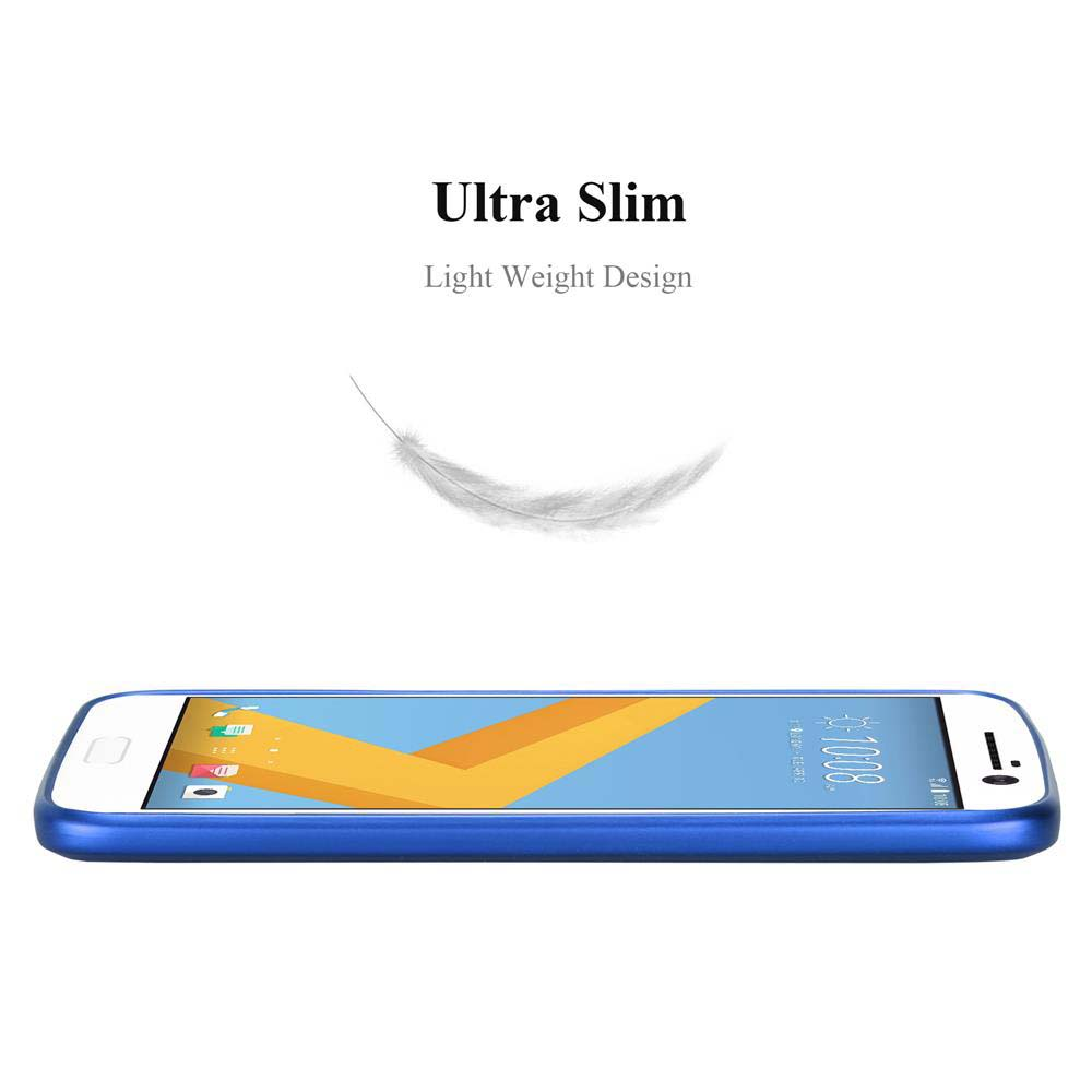 Ein schlankes blaues Smartphone mit einem stilisierten Federbild und Text.