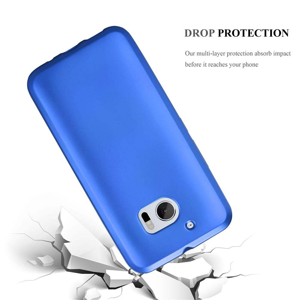 Blaue Handyhülle bricht durch weißen Boden. Text: Drop Protection.