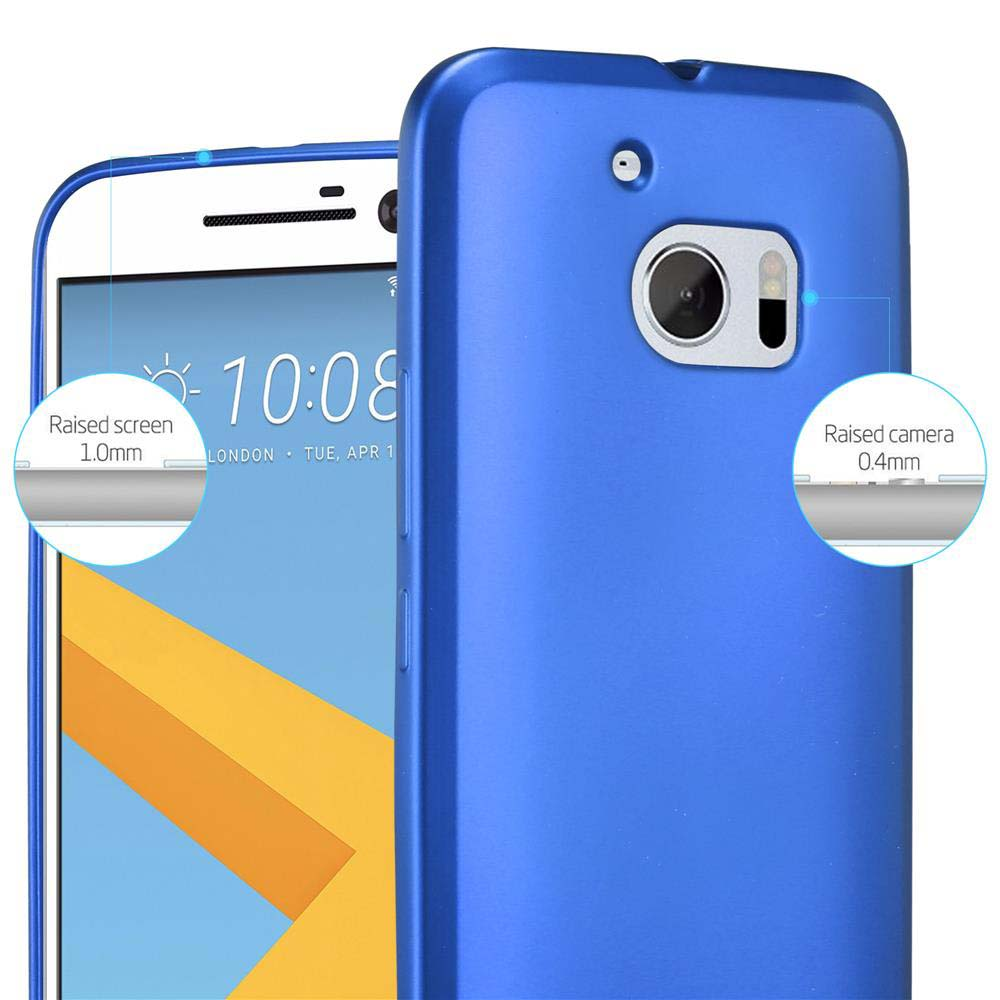 Blaue Handyhülle überlagert ein Smartphone, das eine Uhrzeit anzeigt.