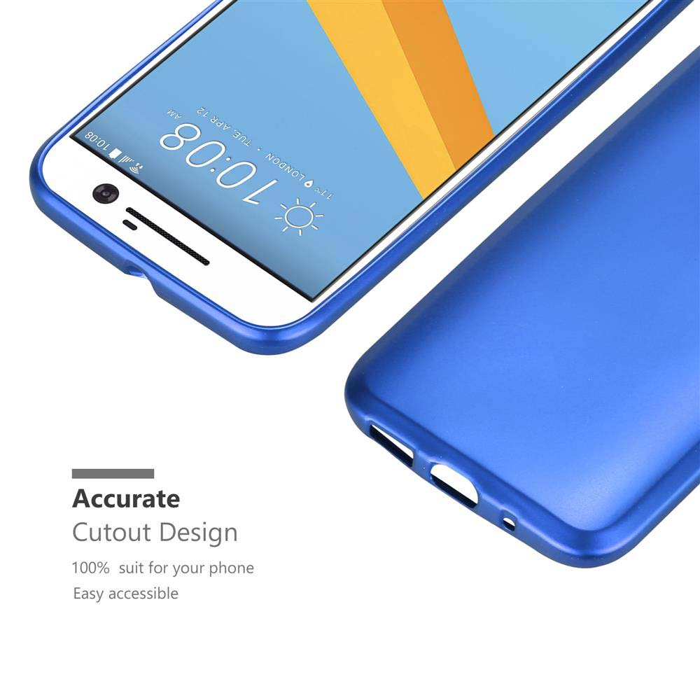Ein blaues Smartphone mit einer Hülle. Die Uhrzeit ist 10:08.