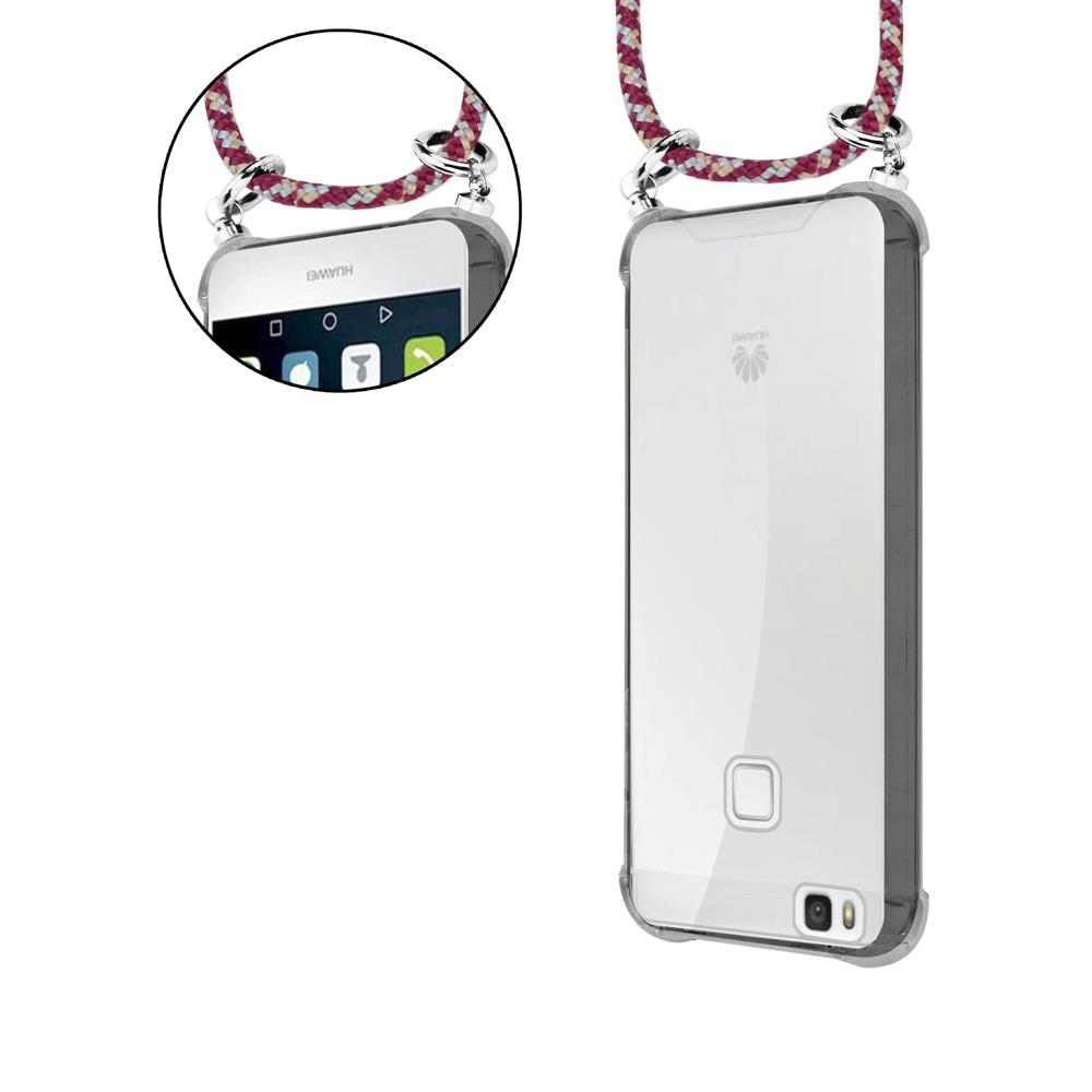 Custodia trasparente con laccetto per uno smartphone Huawei, viste fronte e retro.