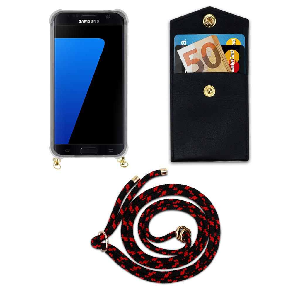 Uno smartphone nero in custodia, una tasca nera con soldi e carte, una corda nera con accenti rossi.