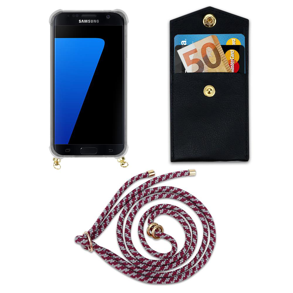 Smartphone in custodia, portafoglio con soldi e carte, e cordino.