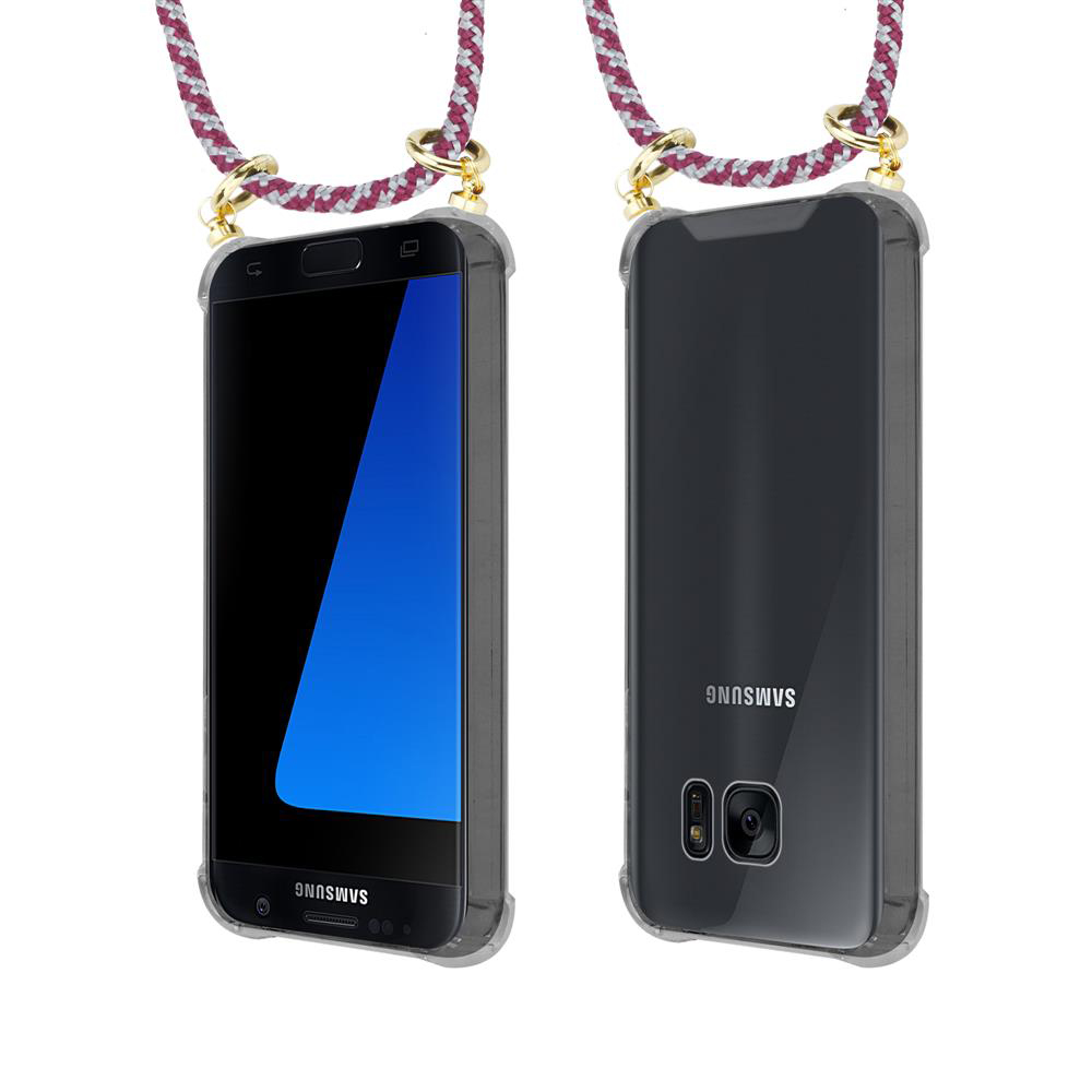 Due telefoni Samsung in custodie trasparenti con cordoncino. Viste frontale e posteriore.