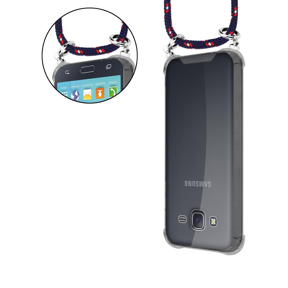 Ein transparenter Handyschutz mit einem Schnurband. Das Samsung-Logo ist sichtbar.