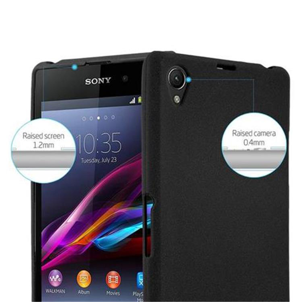 Funda negra para teléfono con logo de Sony. Muestra pantalla y cámara elevadas.