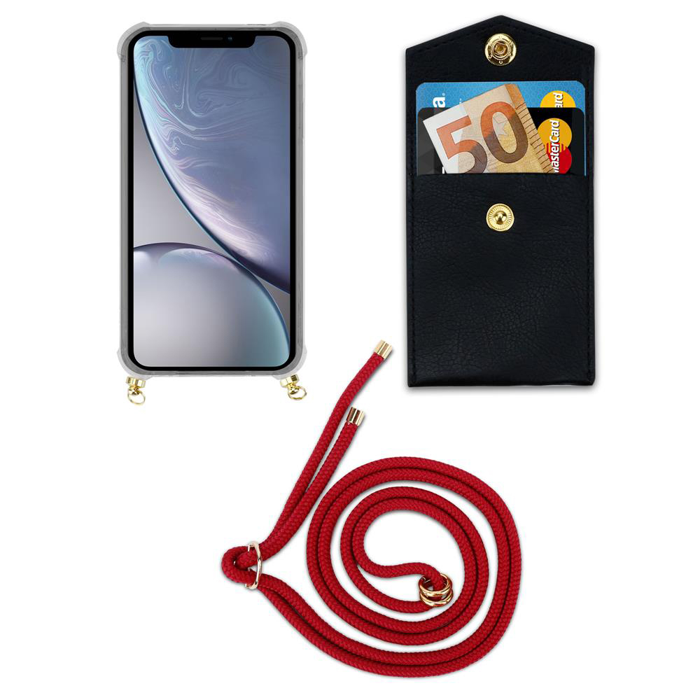 Smartphone in custodia con cinturino rosso, accanto a portafoglio nero con contanti e carta.